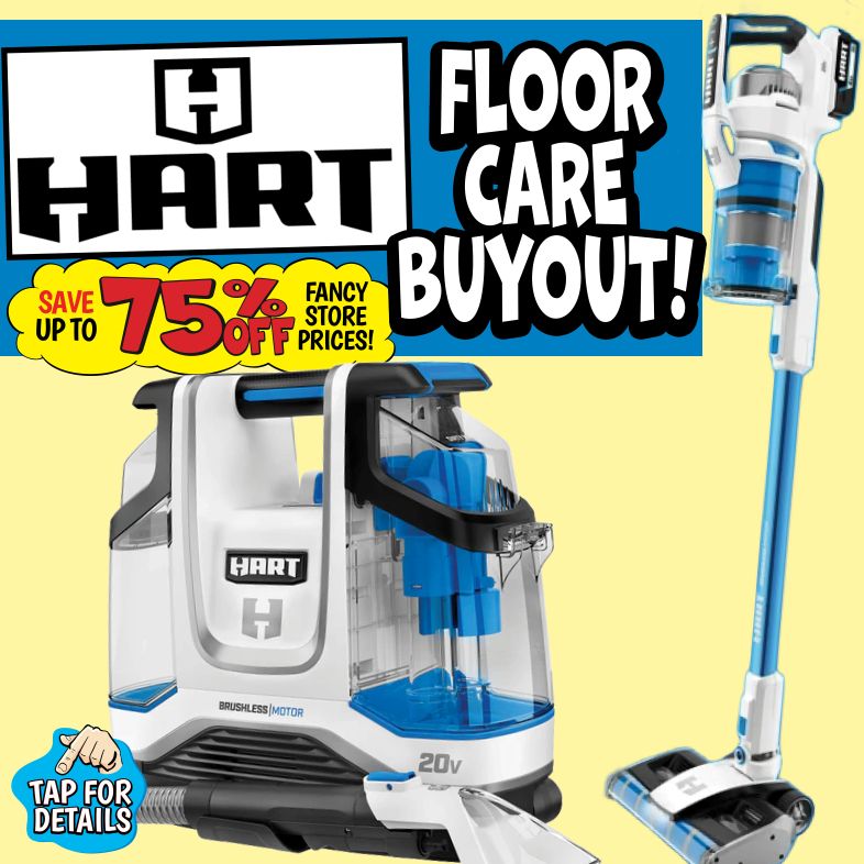 Banner with text: Hart Floorcare Buyout! Save up to 75% off fancy store prices! Tap for details.