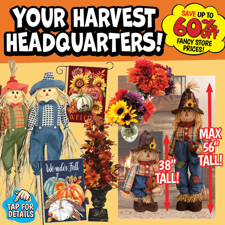 Banner with text: Your Harvest Headquarters! Save up to 60% off fancy store prices! Tap for details.