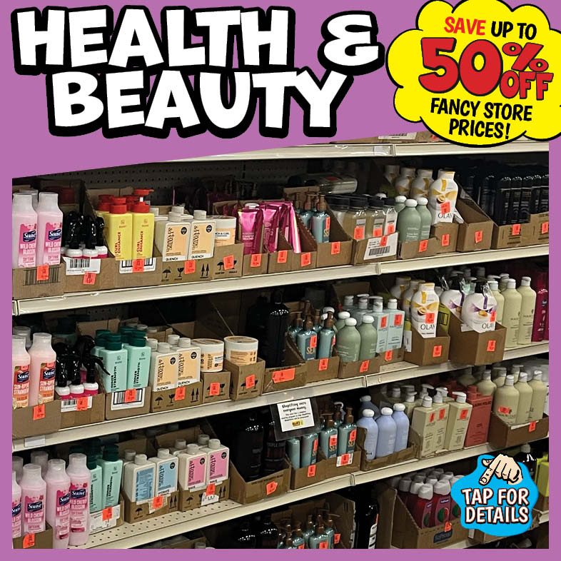 Banner with text: Health & Beauty, save up to 50% off fancy store prices! Click for details.