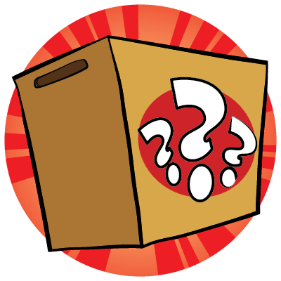 Cartoon illustration of a mystery cardboard box with question marks on a red circle, set against a red starburst background