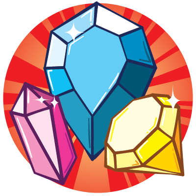 Cartoon illustration of three sparkling gemstones — a large blue crystal, a pink crystal, and a yellow diamond — on a red starburst background