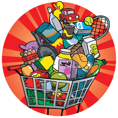 Cartoon illustration of a overflowing shopping cart filled with a variety of bargain items including toys, books, sports equipment, kitchen goods, and more, on a red starburst background