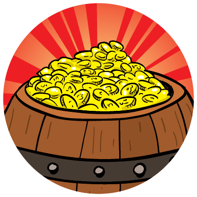 Cartoon illustration of a wooden barrel overflowing with gold coins on a red starburst background