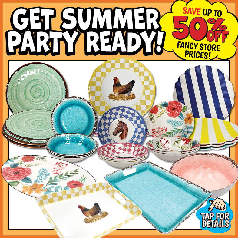 Banner with text: Get Summer Party Ready! Save up to 50% off fancy store prices! Tap for details.